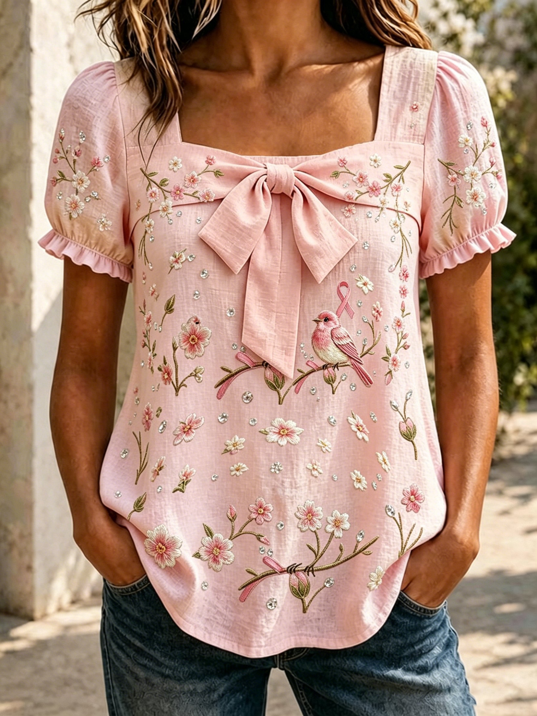 Women's Retro Retro Pink Bird Flowers Art Printed Casual Bow Shirt