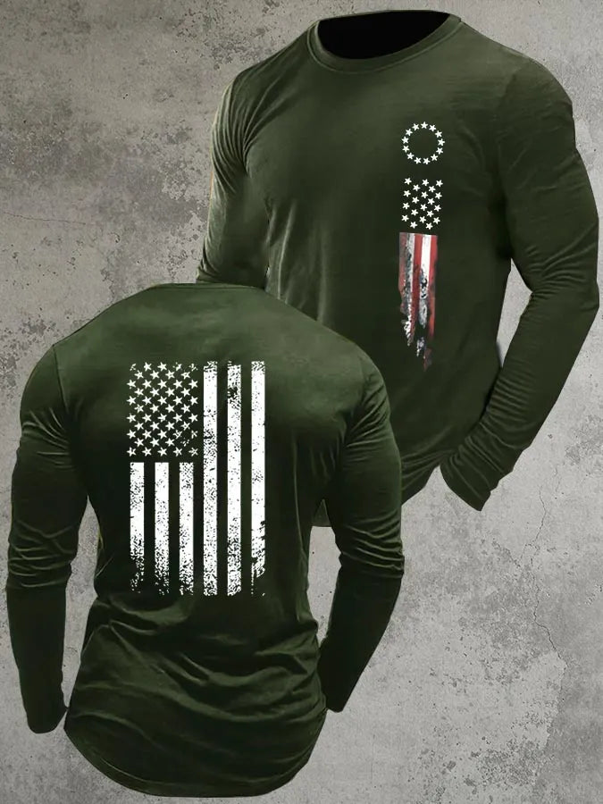 America Flag Pattern Long Sleeve 100% Cotton T-Shirt