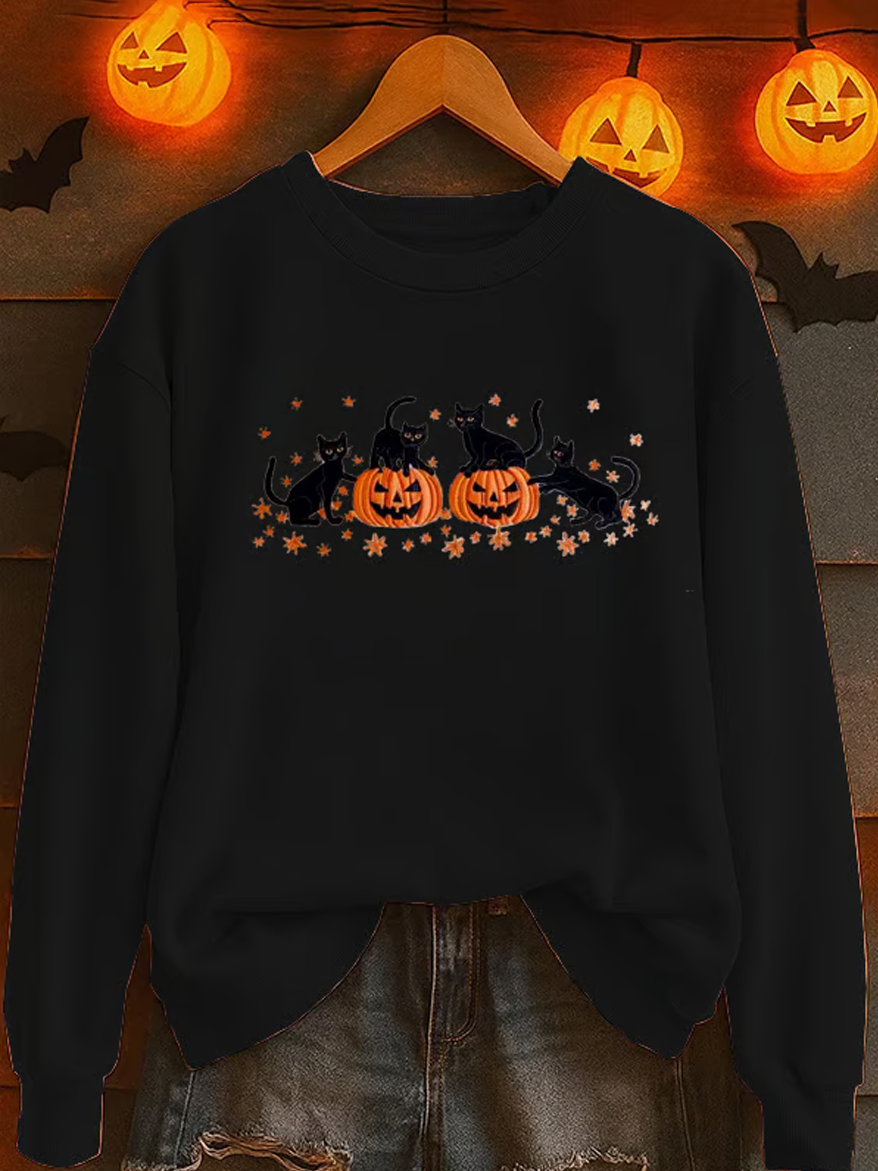Women's Autumn Long Sleeve Top with Halloween Cat Print