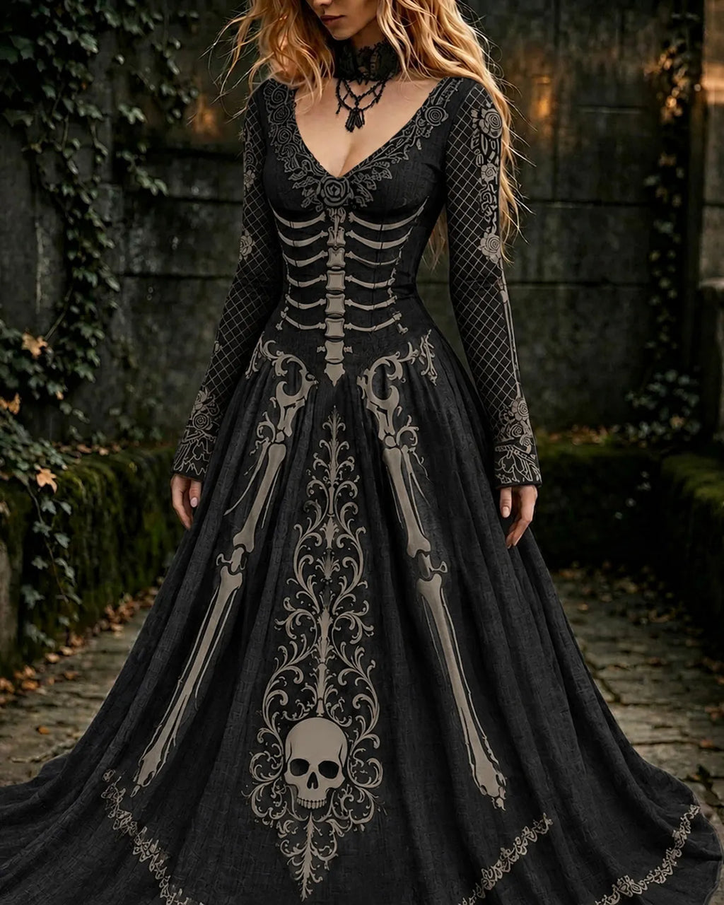 Women's Retro Gothic Skull Pattern Maxi Halloween Dress