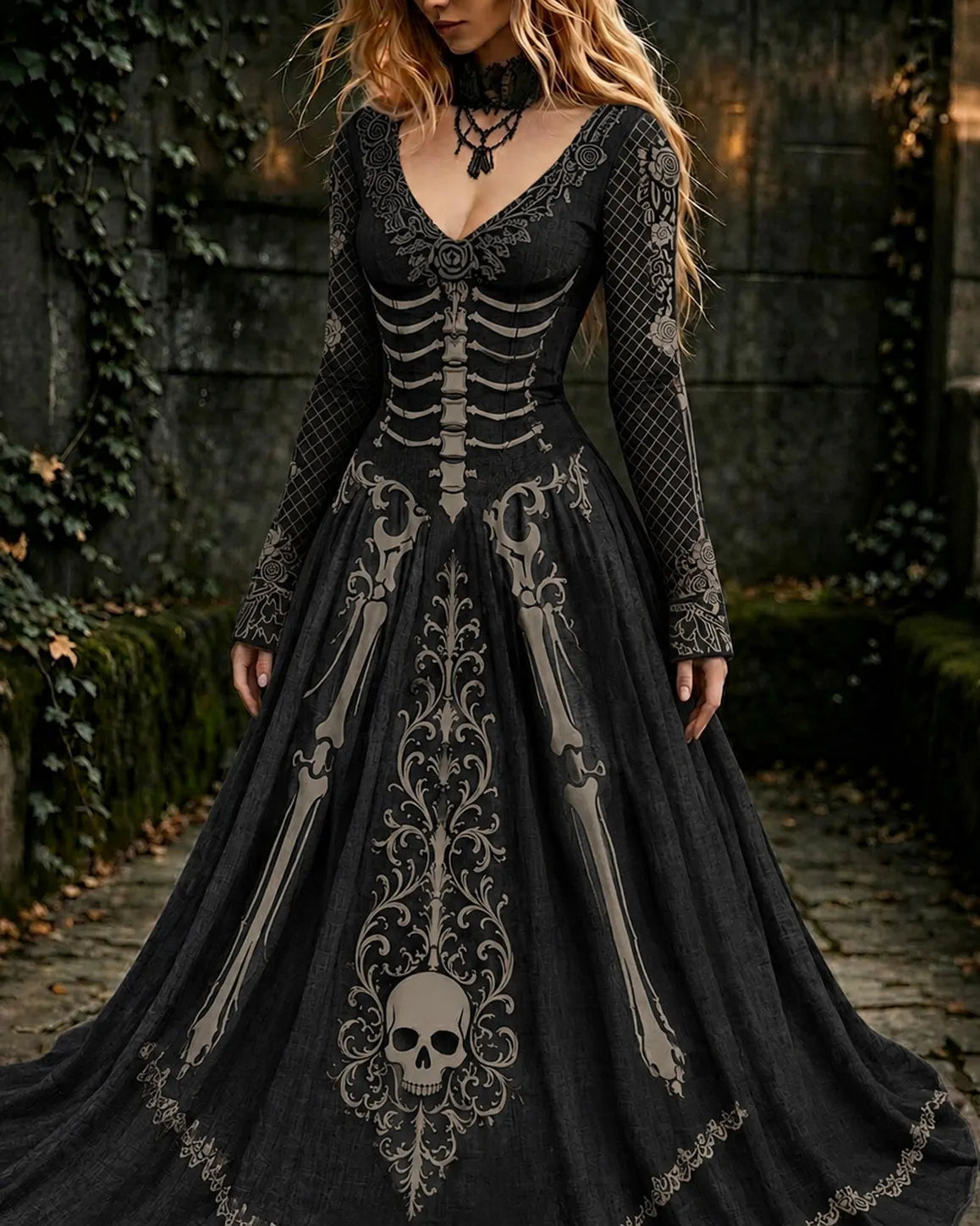 Women's Retro Gothic Skull Pattern Maxi Halloween Dress