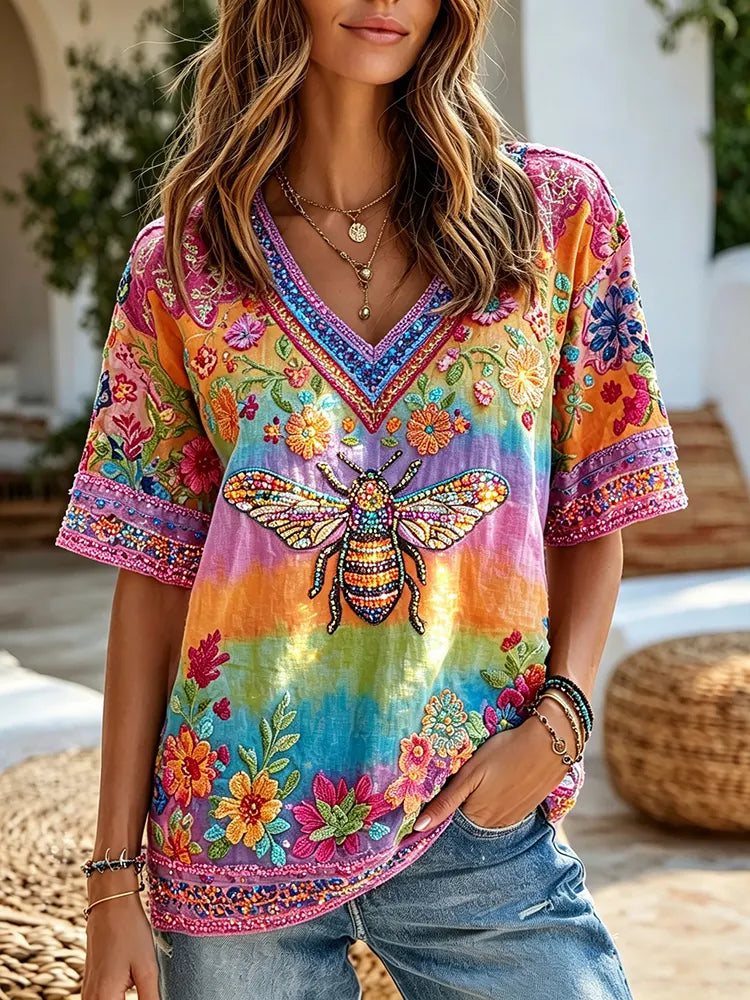 Women's Hippie Vintage Floral Tie Dye Cozy Linen Blend Top