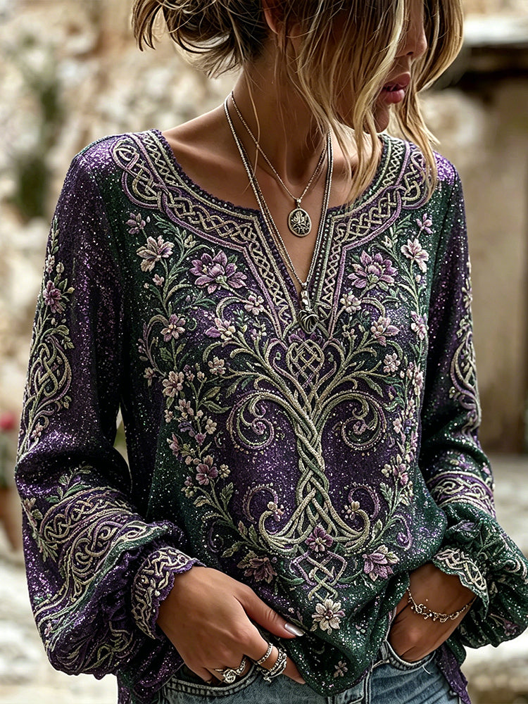 Women's Viking Tree Of Life And Celtic Knot Embroidered Sequin Casual V-neck Top