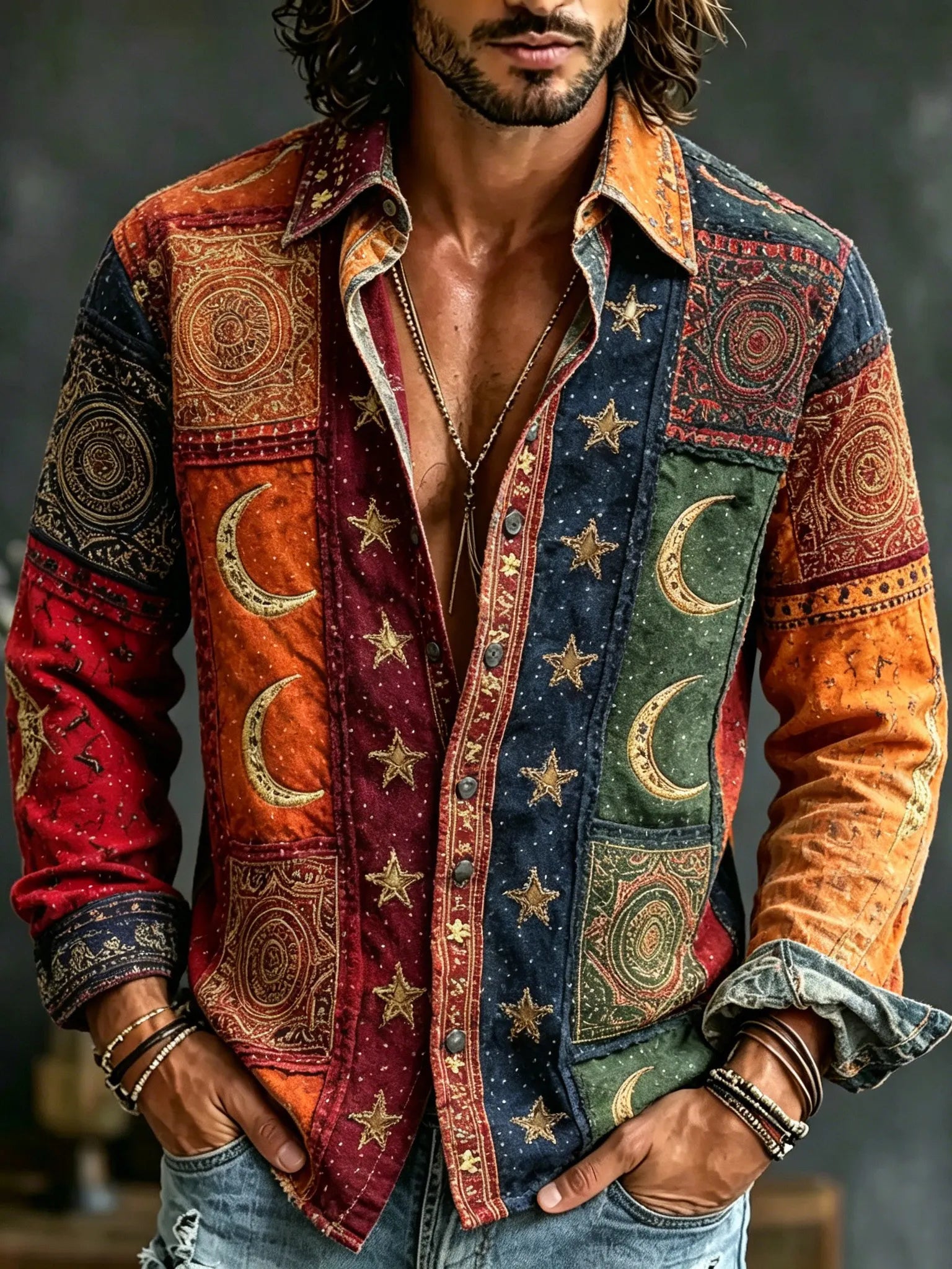Men's Retro Hippie Moon And Star Print Color-blocked Cotton Linen Casual Long-sleeved Shirt