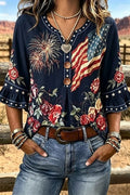 American Flag Floral Print Notch Neck Ruffle Sleeve Blouse