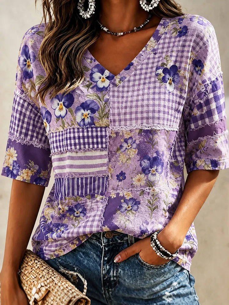 Women's Alzheimer's Awareness Support Patchwork Half-sleeves T-shirt