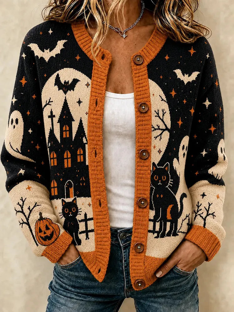 Women's Halloween Black Cat And Pumpkin Pattern Knit Cardigan