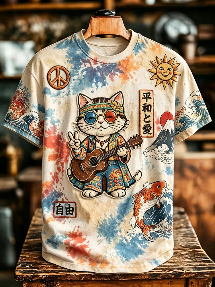 Men's Retro Tie-dye Guitar Cat Japanese Art T-shirt