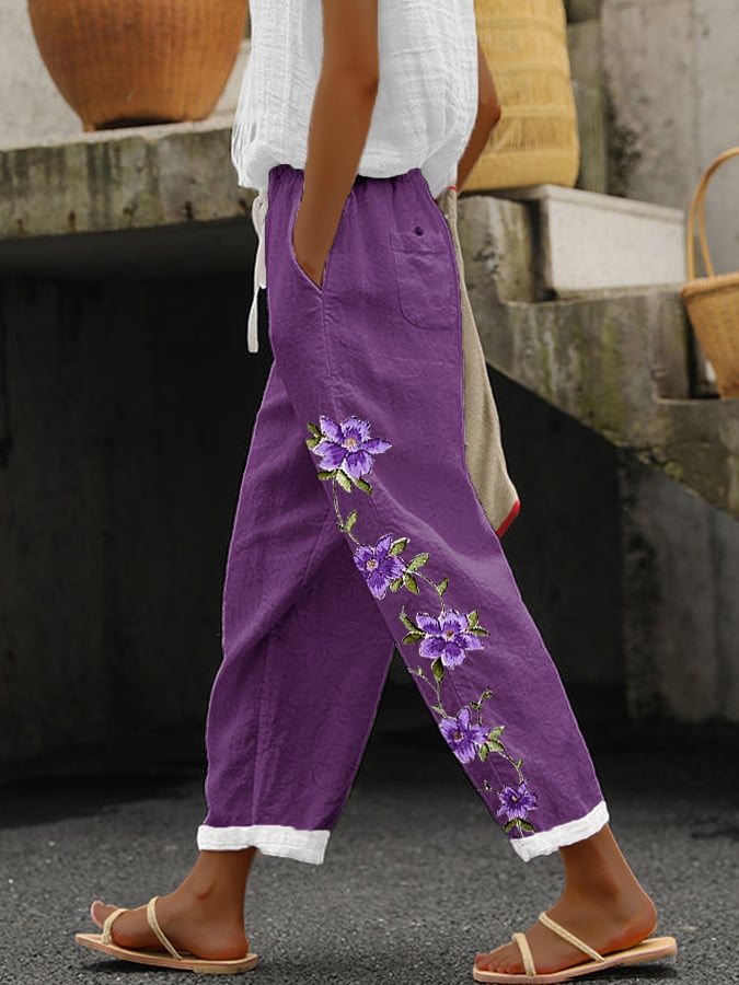 Women's Purple Floral Print Alzheimer's Awareness Support Pants