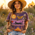 Women's Casual Short-sleeve T-shirt With Bohemian Sun, Butterfly, Black Cat, And Floral Graphic Print