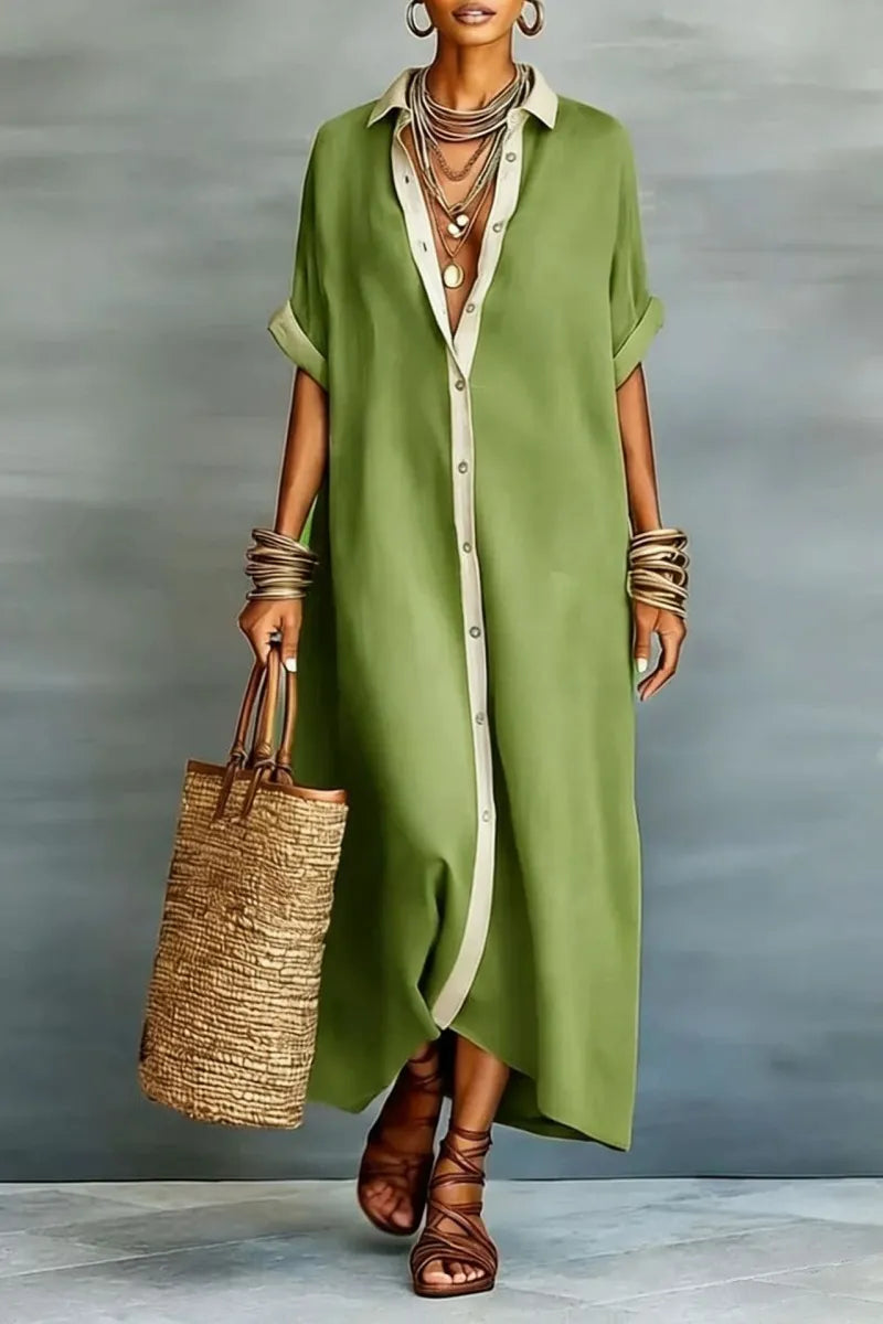 Women's Minimalist Linen Blend Short-sleeved Shirt Maxi Dress