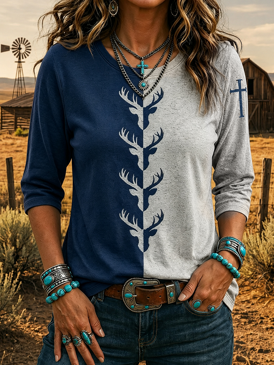 Split Tone Deer Antler Cross Sleeve Print 3/4 Sleeve Western Cowgirl T-Shirt