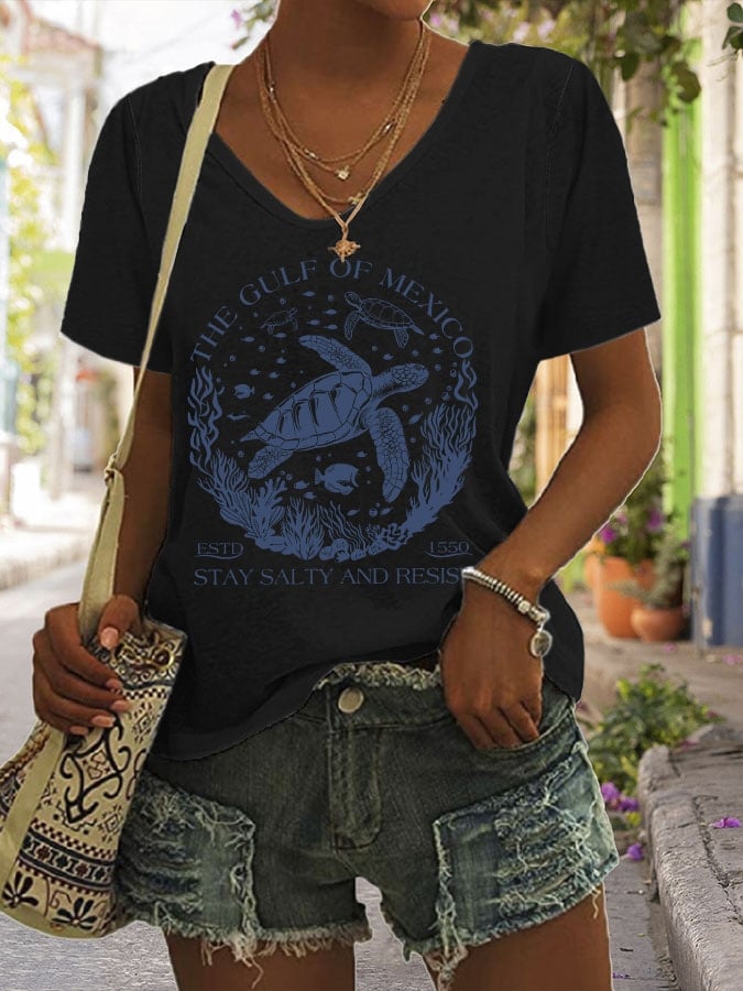 Women's The Gulf Of Mexico Print V Neck Casual T-Shirt