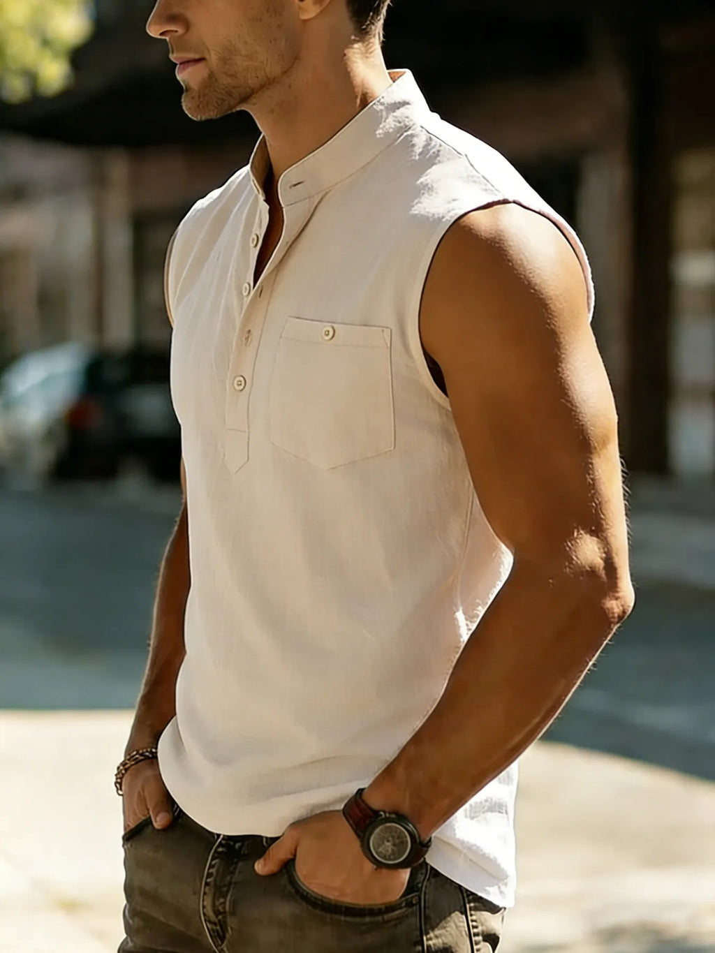Men's Breathable Cotton-Linen Henley Casual Vest
