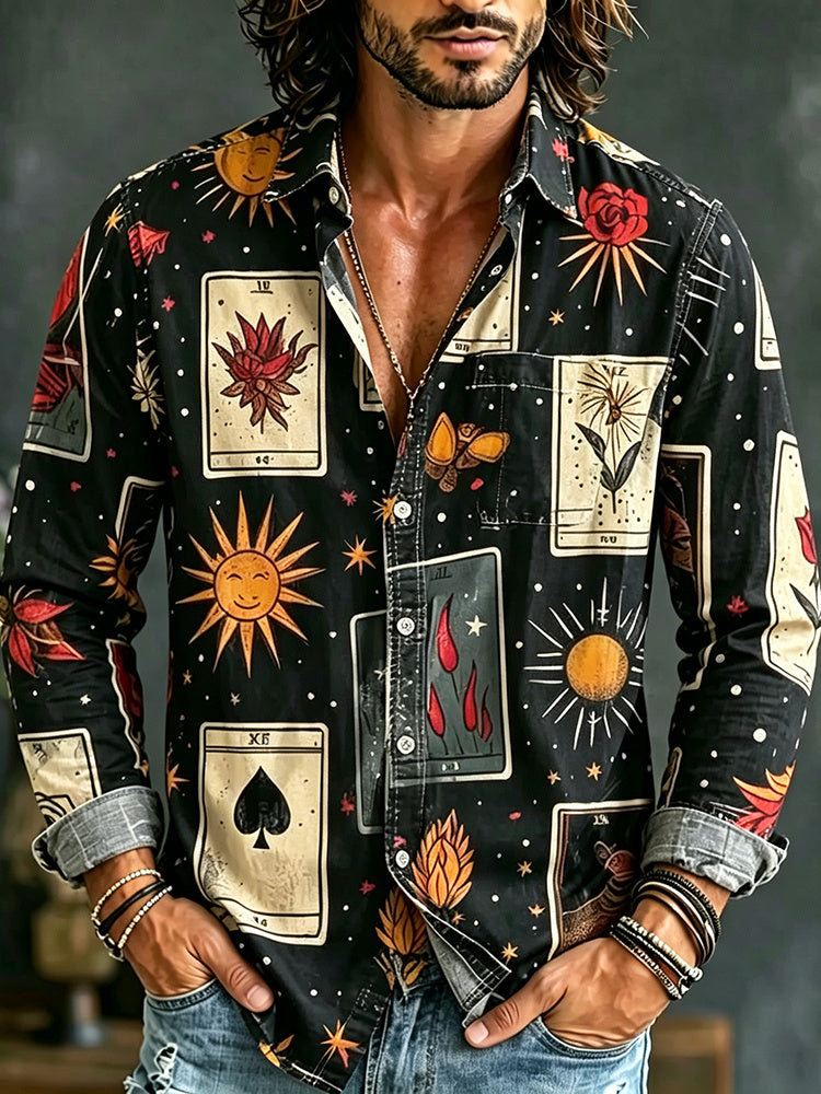 Men's Hippie Tarot Card Sun Floral Patchwork Print Long Sleeve Shirt