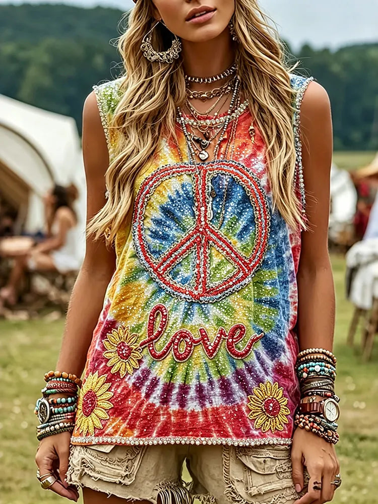 Women's Retro Hippie Tie-dye Love Floral Pattern Art Embroidered Linen Blend  Tank Tops