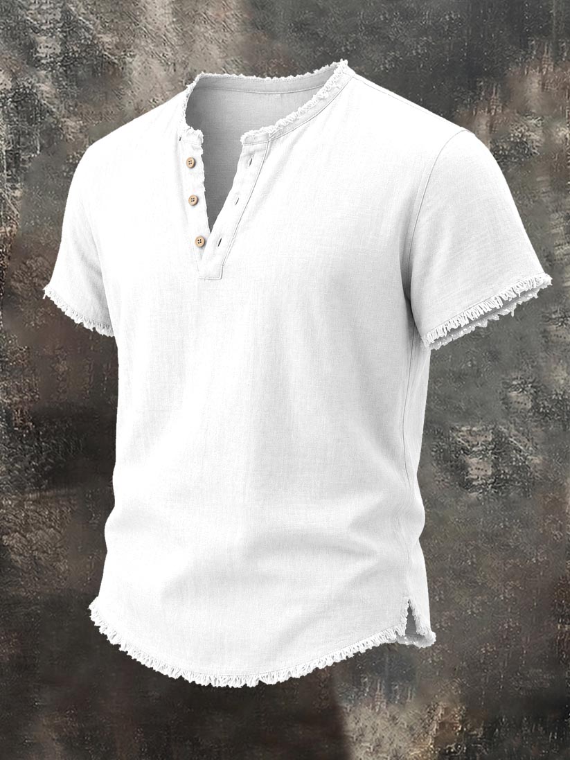 Men's Raw-Edge Cotton-Linen Henley Top