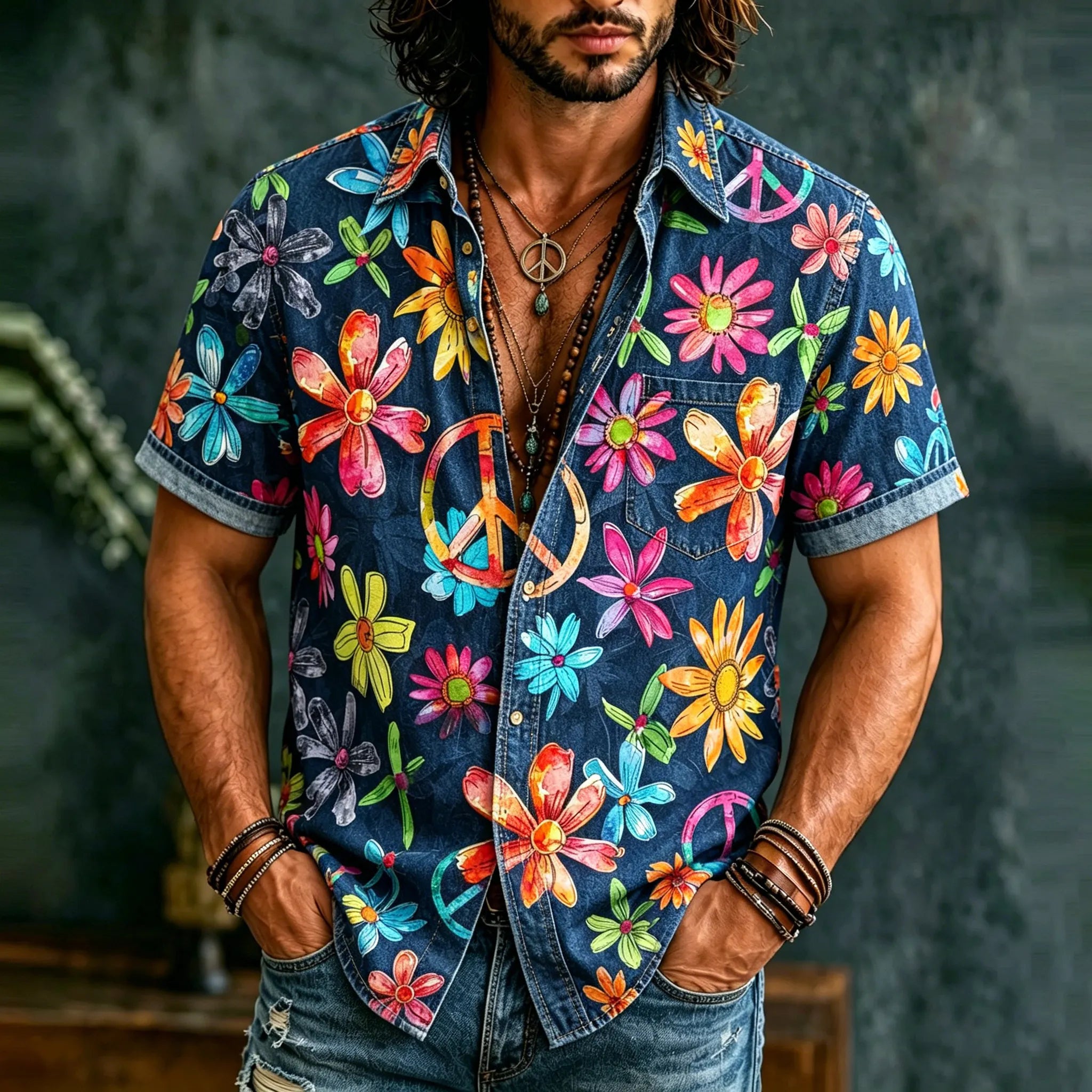 Men's Retro Hippie Peace With Floral Graffiti Art Pattern Casual Washed Shirt