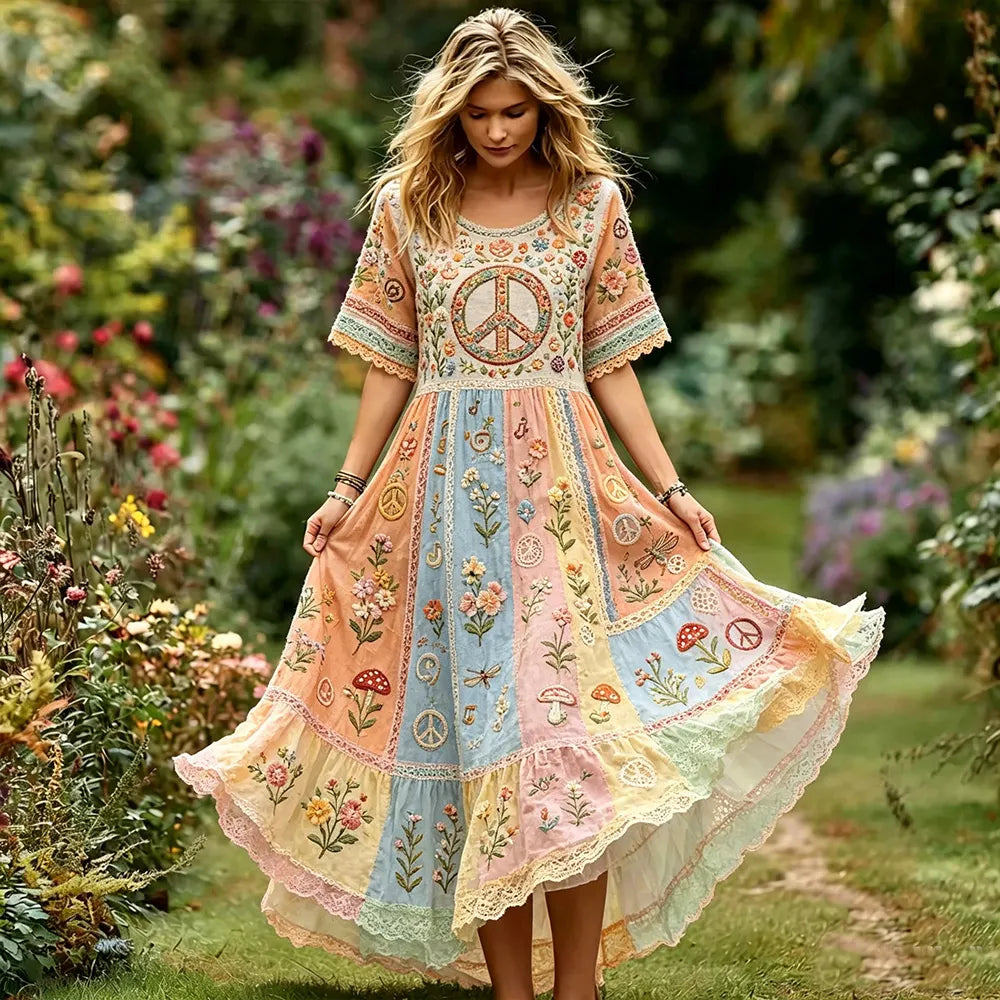 Women's Colorful Floral And Peace Symbol Art Patchwork Cotton Linen Casual Short-sleeved Dress