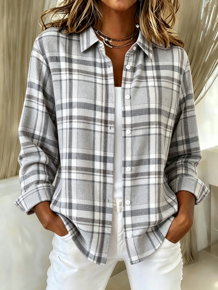Women's Pink Plaid Print Lapel Long Sleeve Shirt