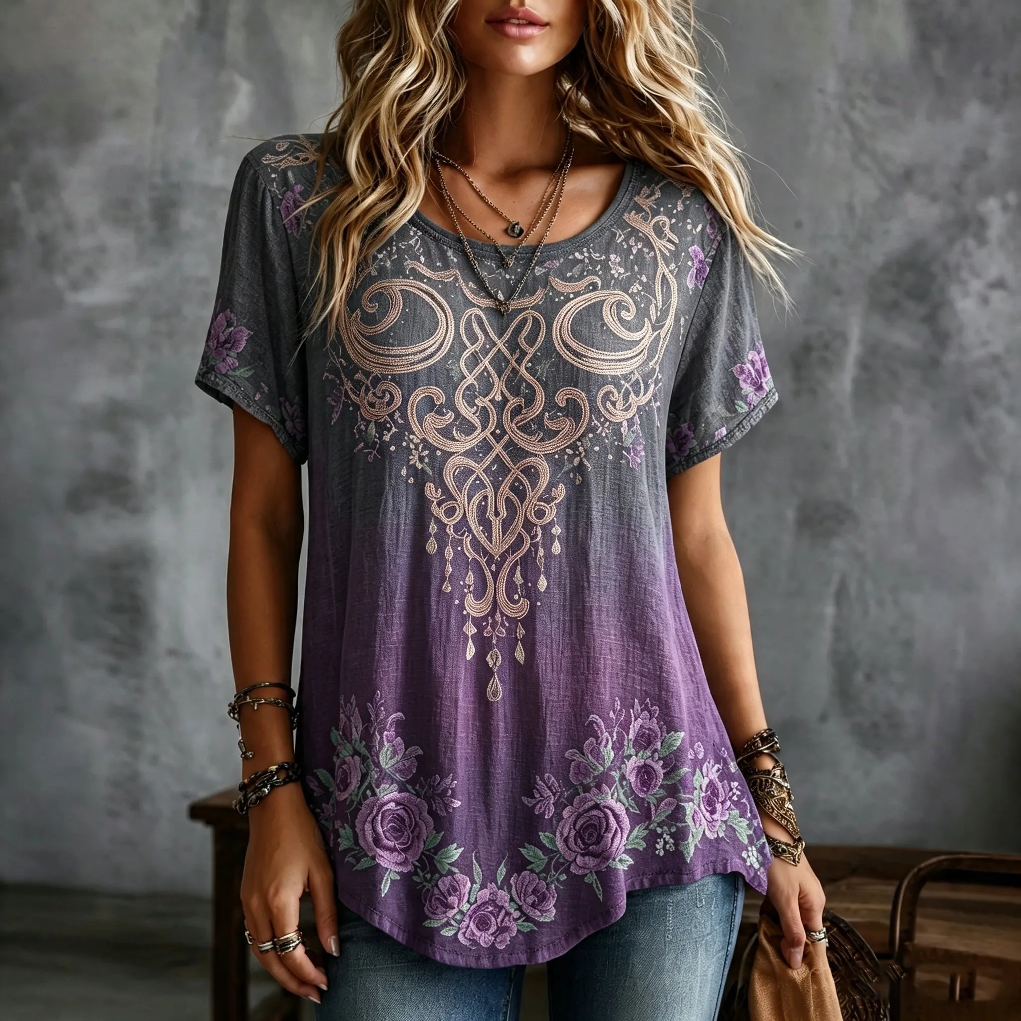 Women's Vintage Celtic Knot Floral Gradient Art Flowy Linen Blend Casual Tops