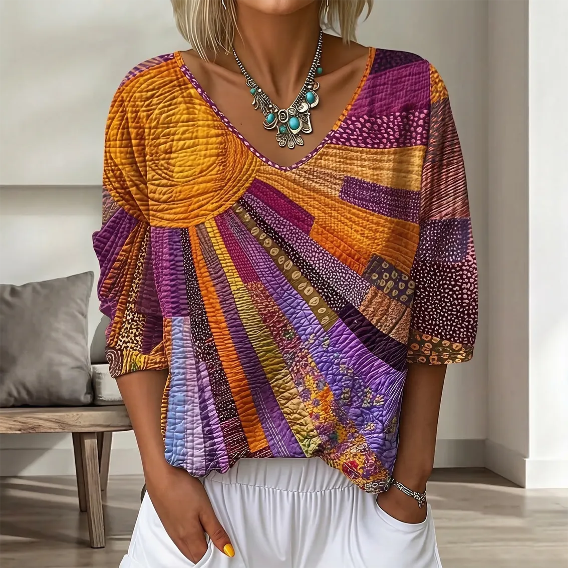 Women's Vintage Floral In Gradient Art Print Flowy Linen Blend  Three-quarter Sleeve V Neck Linen Tops