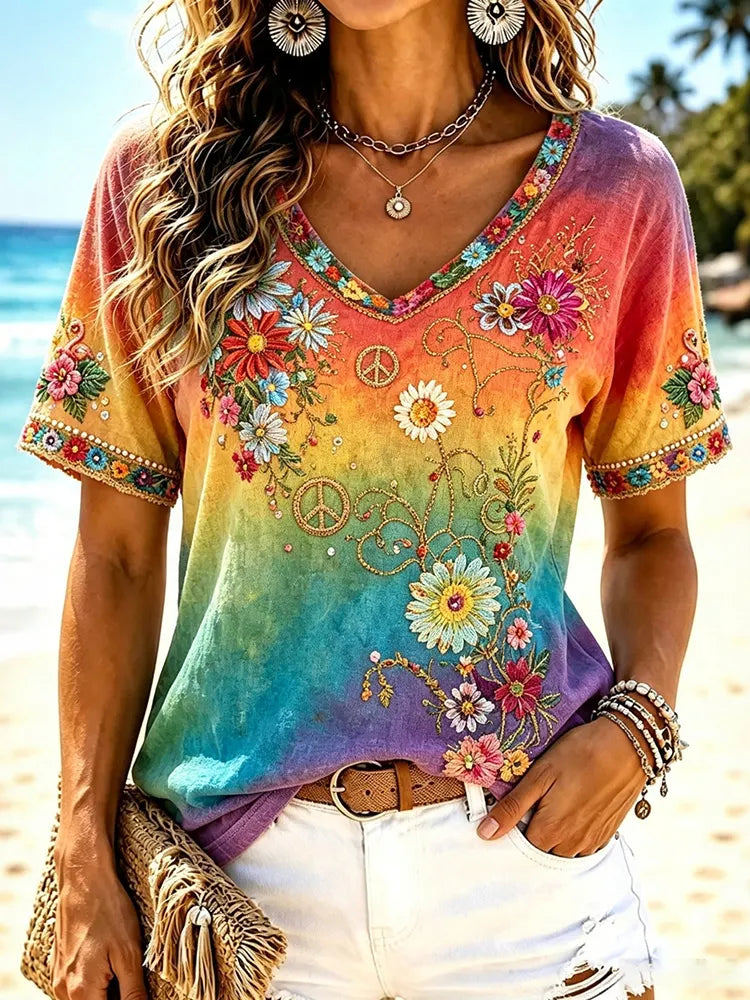 Women's Retro Vacation Floral Gradient V-neck Cotton Linen T-shirt