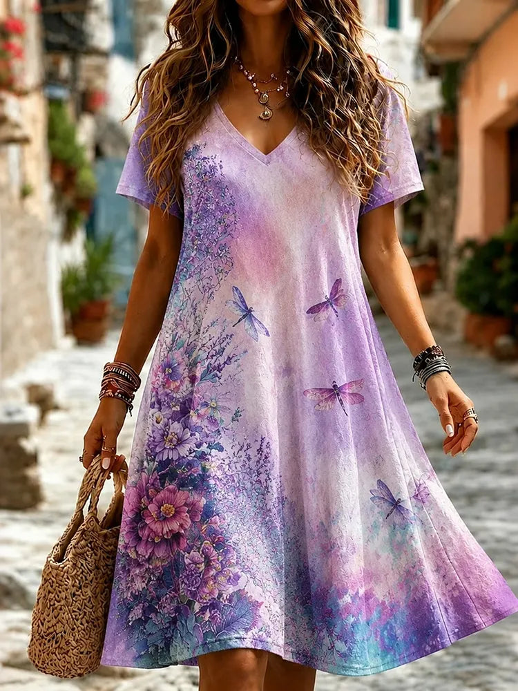 Women's Purple Tie-dye Floral Printed Daisy V-neck Mini Dress