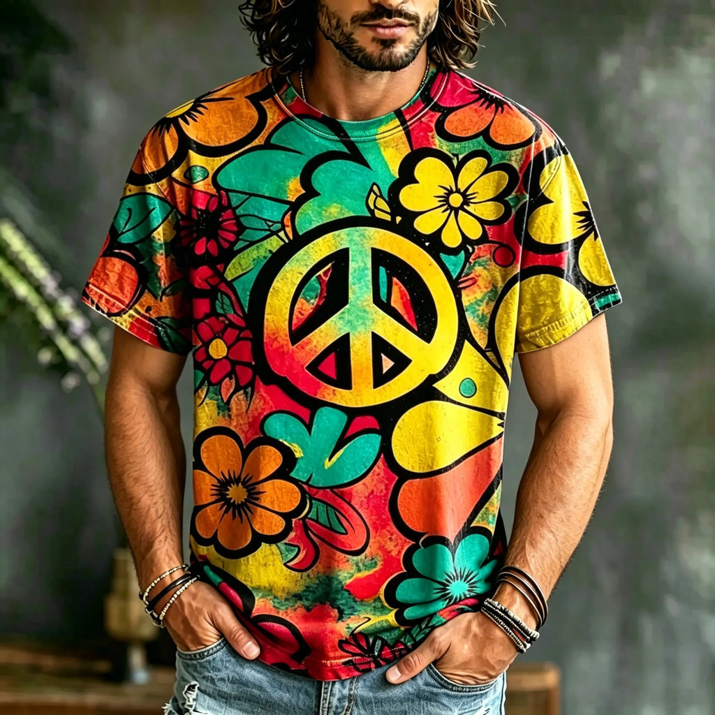 Men's Retro Hippie Peace Logo Floral Print Casual T-shirt