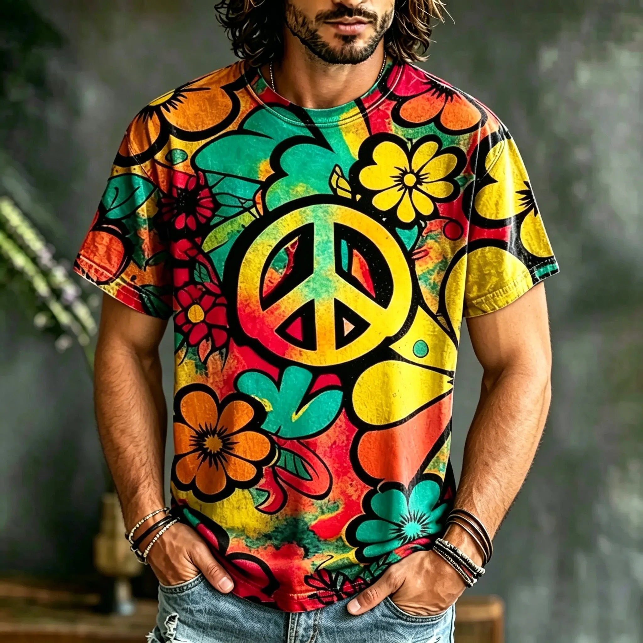 Men's Retro Hippie Peace Logo Floral Print Casual T-shirt