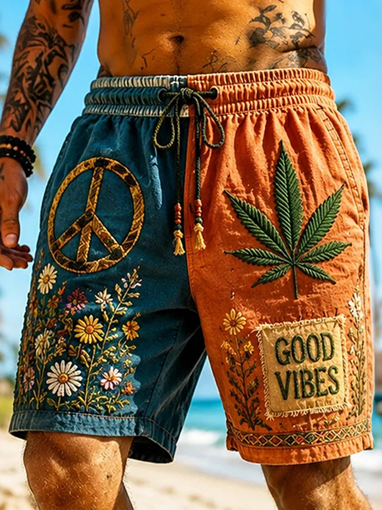 Men's Hippie Retro Patchwork Vacation Cotton Linen Shorts