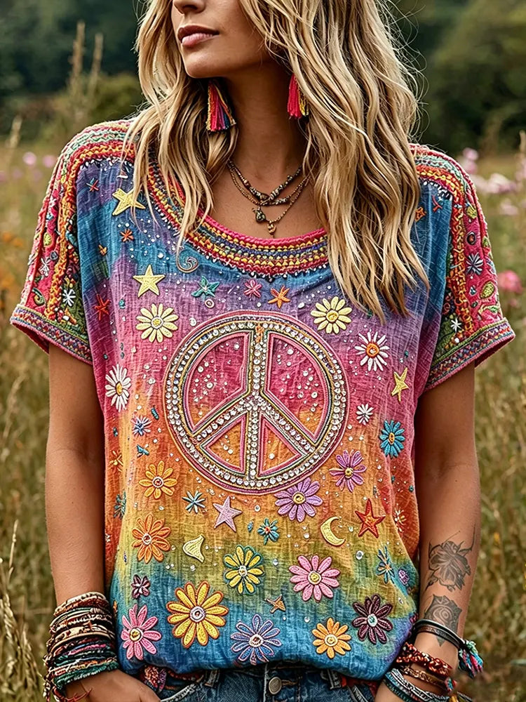 Women's Vintage Hippie Floral Color Gradient Art Linen Blend Round Neck Top