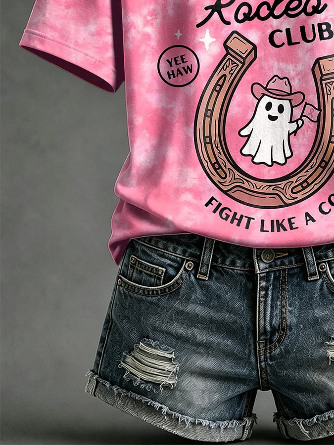 V Neck Retro Halloween Breast Cancer Awareness Tie-Dye Pink Rodeo Club Yee Haw Fight Like A Cowghoul Print T-Shirt