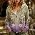 Women's Retro Bohemian Floral Print Casual Zipper Hooded