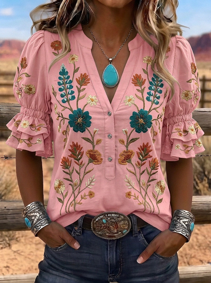 Women's Western Vintage Floral Embroidered Printed Top