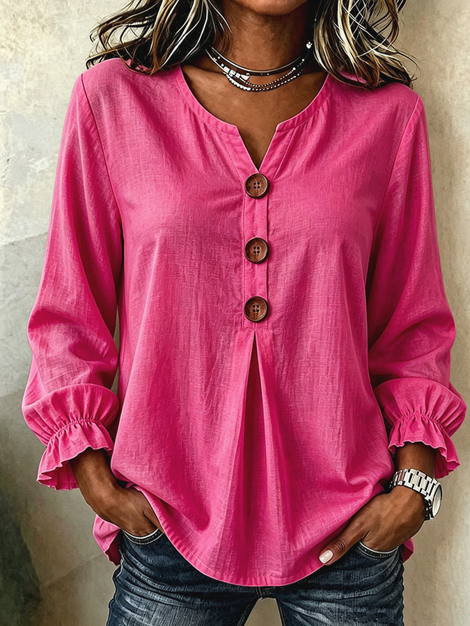 Women'S Casual Solid Color Cotton And Linen Shirt