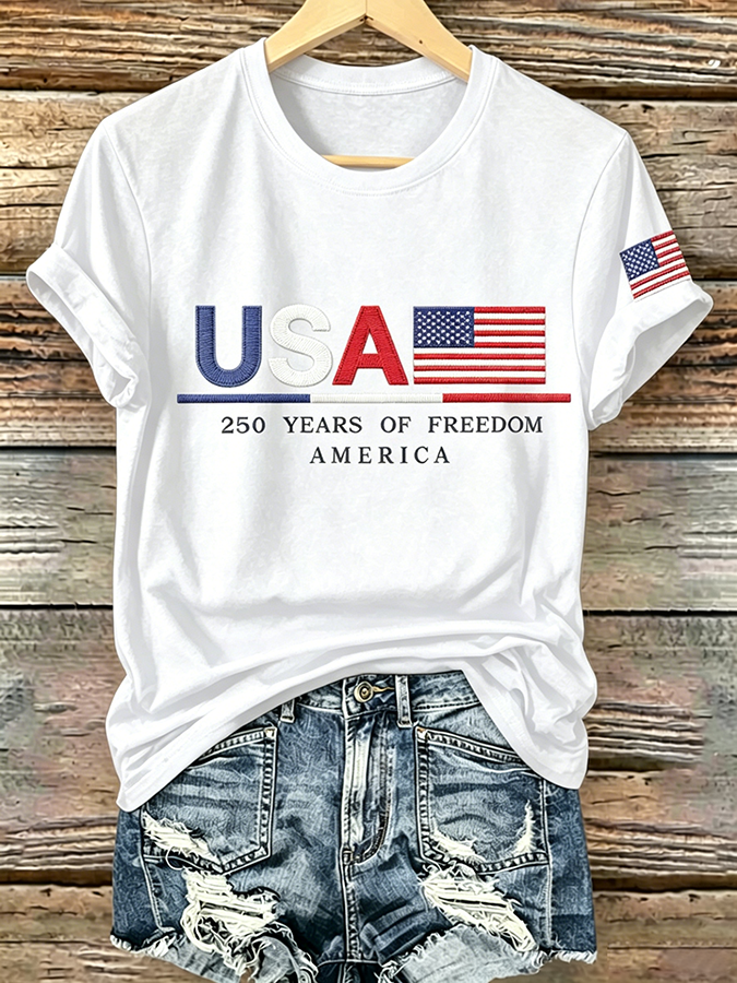 Embroidered Printed Round Neck Short Sleeved T-Shirt Commemorating The 250Th Anniversary Of The United States
