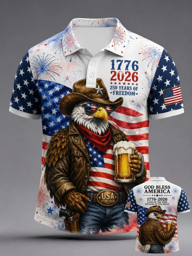 Men's American Independence Day 250th Anniversary Cowboy Eagle Beer Memorial Short Sleeve Shirt