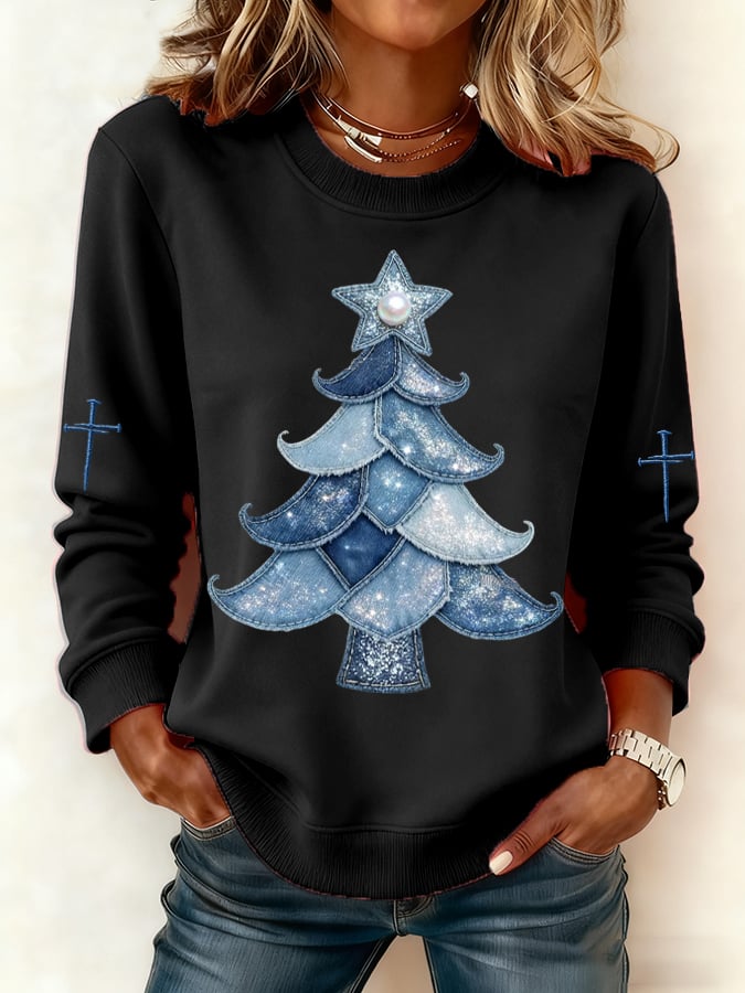 Women's Casual Denim Christmas Tree Print Sweatshirt