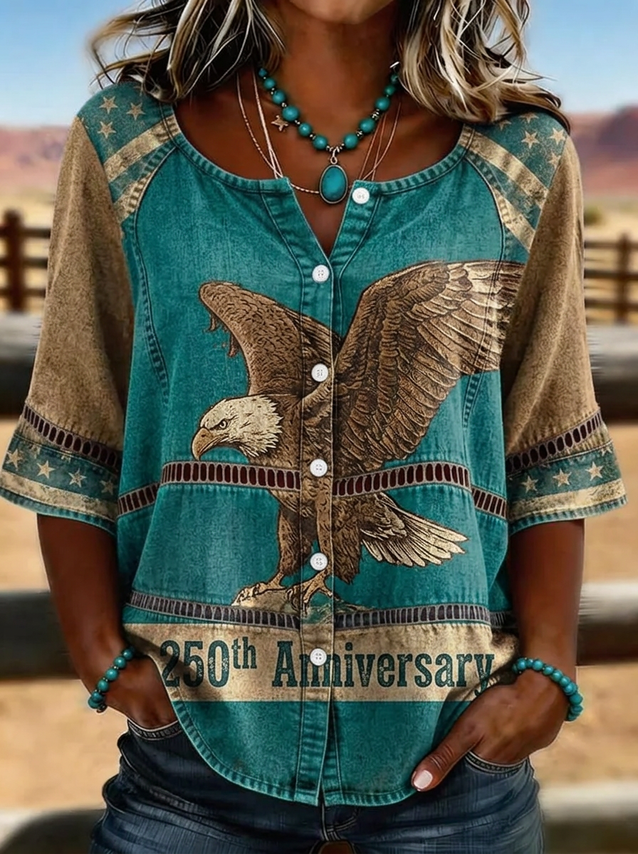 Women's Western Independence Day Eagle Star Printed T-shirt