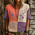 Women's Retro Purple Floral Pattern Color Block Crew Neck T-shirt
