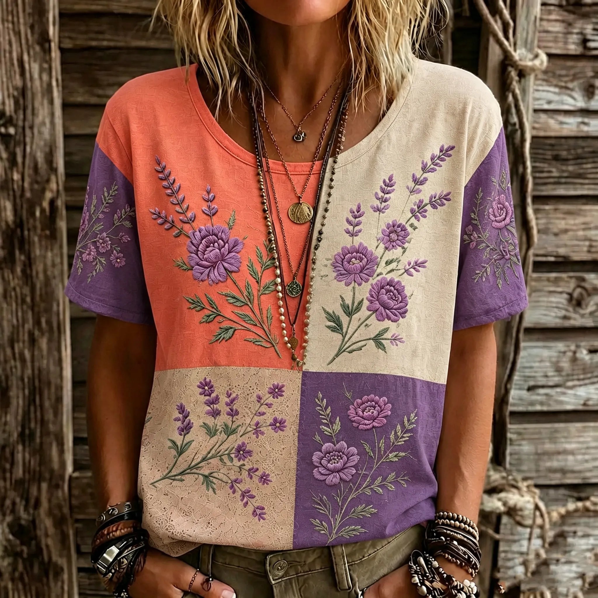 Women's Retro Purple Floral Pattern Color Block Crew Neck T-shirt