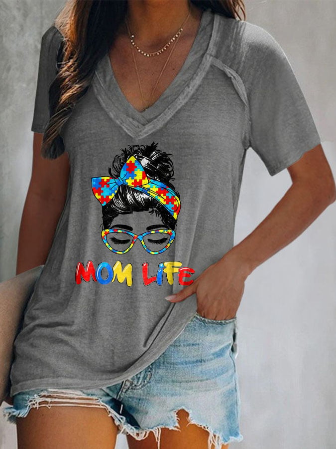 V-neck  Autism Awareness Mom Life Print T-Shirt