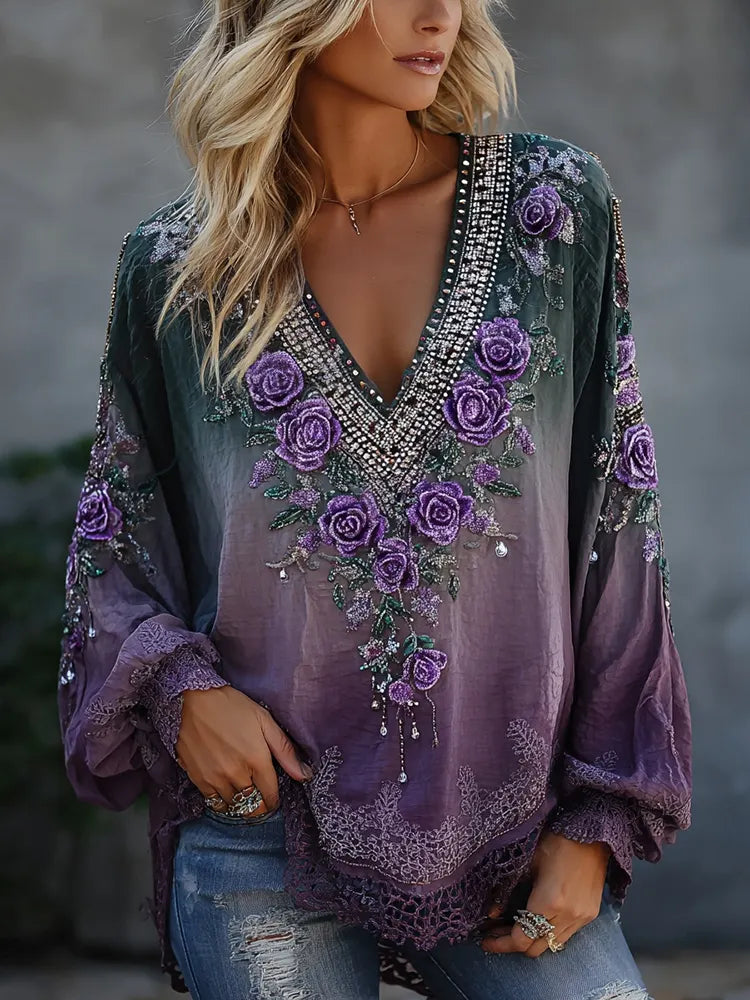 Women's Vintage Floral Art Flowy Cotton Linen V-neck Long-sleeved Top