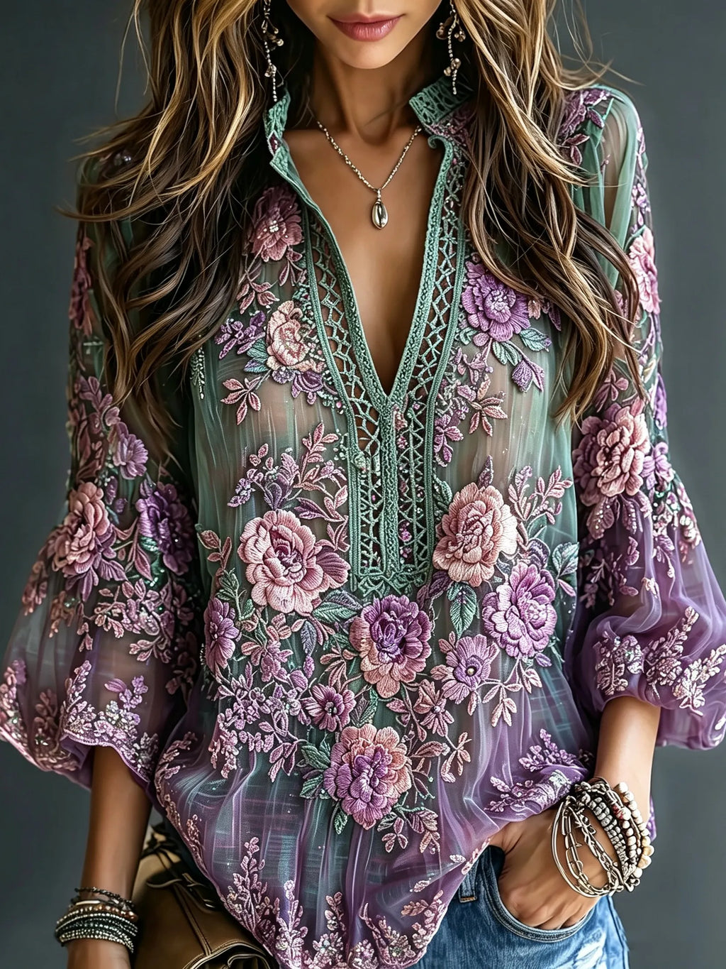 Women's Vintage Classy Purple Floral Art Flowy Linen Blend T-shirt