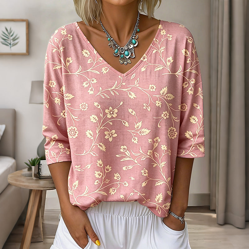 Women's Floral Art Print Flowy Linen Blend  Three-quarter Sleeve V Neck Linen Tops