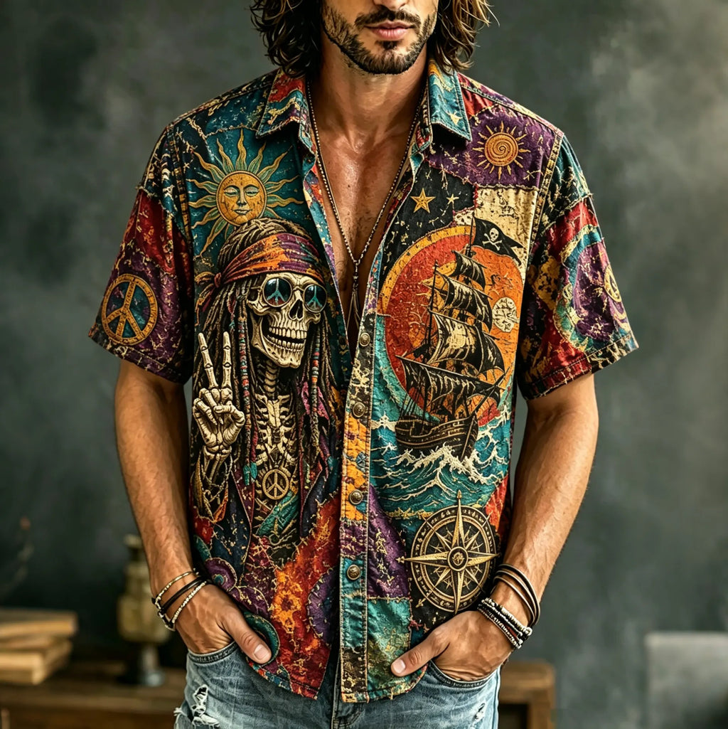 Men's Hippie Skull Fun Pirate Art Print Casual Shirt