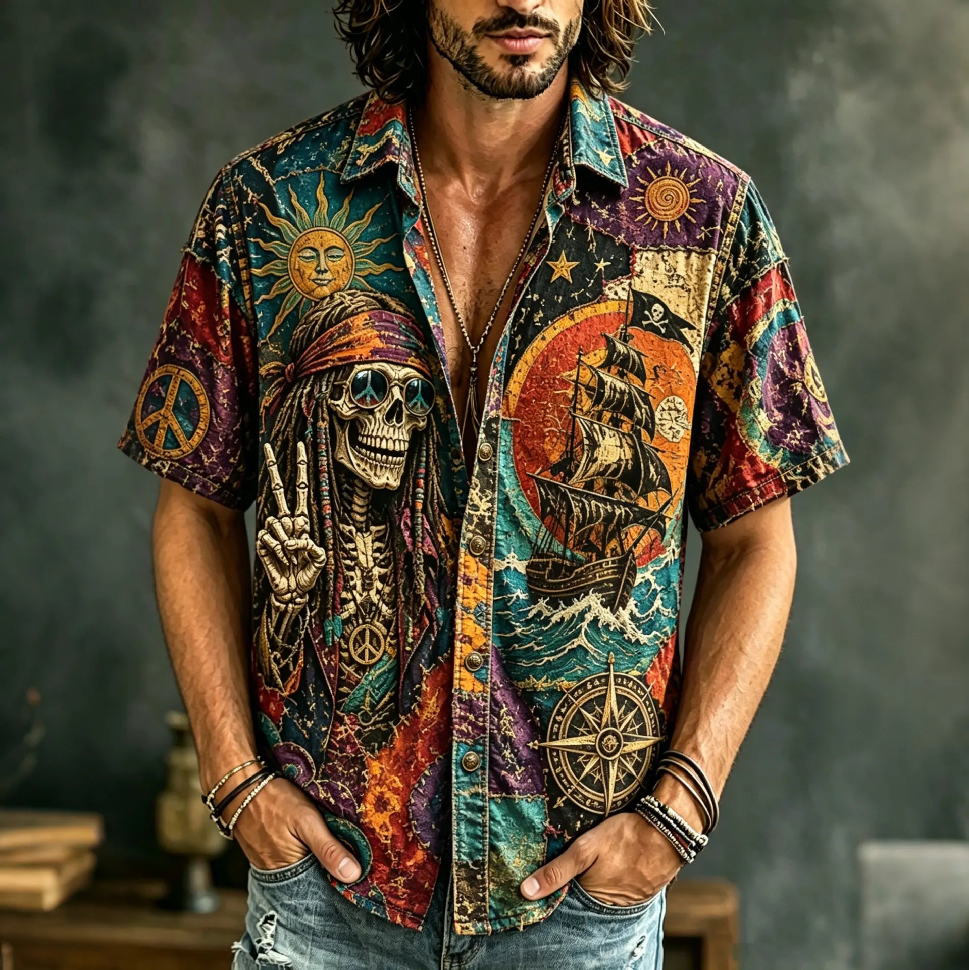 Men's Hippie Skull Fun Pirate Art Print Casual Shirt