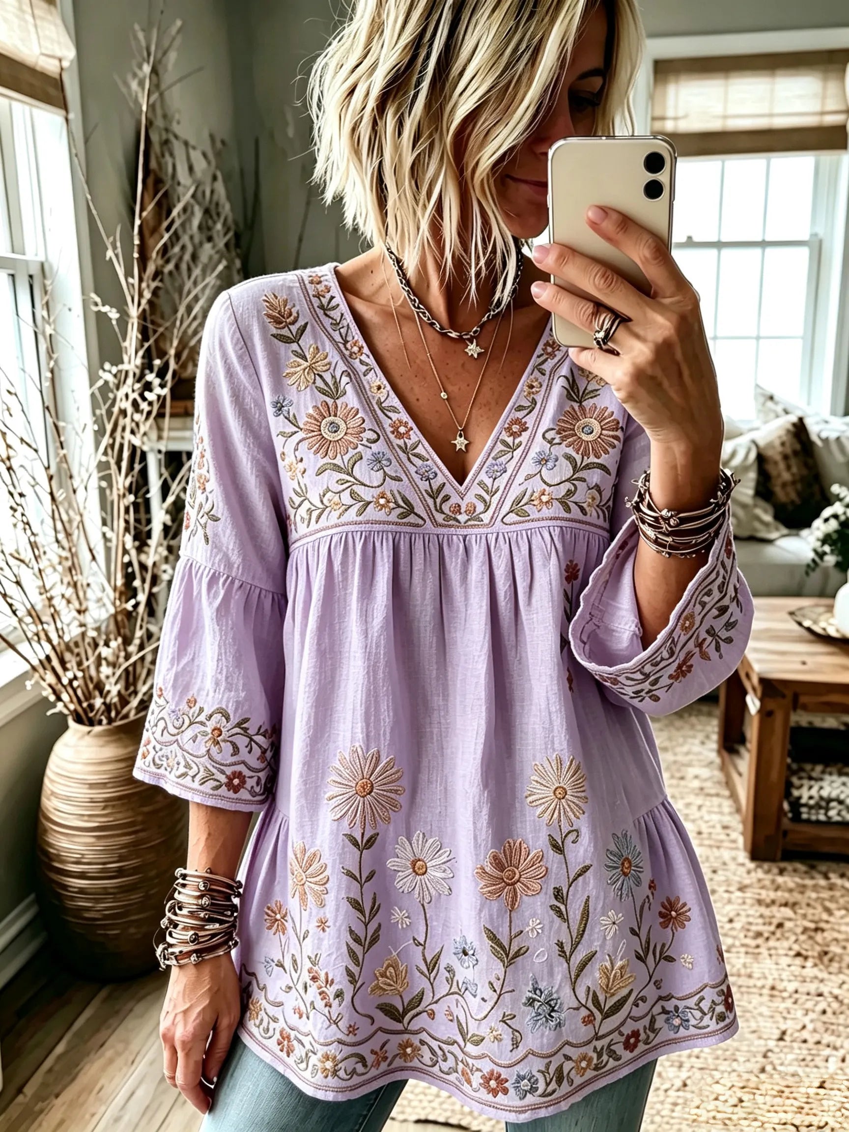 Women's Retro Hippie Floral And Dragonfly Art Flowy Linen Blend Three Quarter Sleeves T-shirt