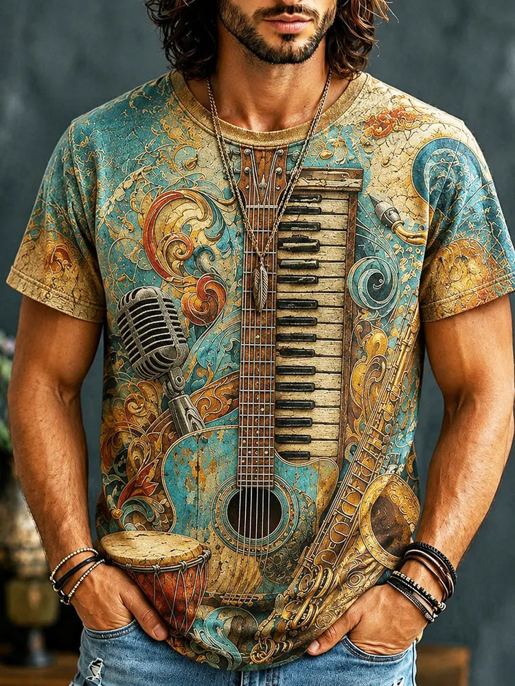 Men's Hippie Vintage Musical Guitar And Piano Print Short Sleeve T-shirt